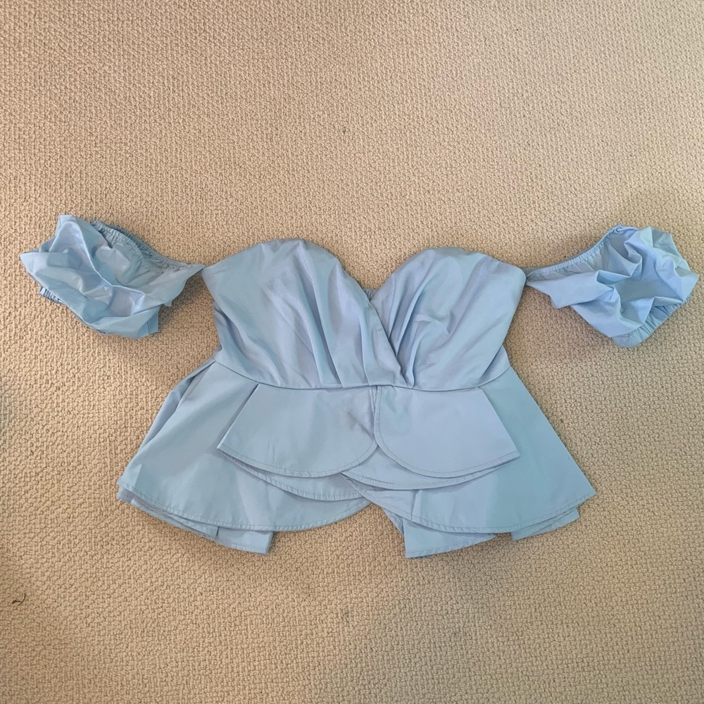Ice blue Golden Days Paris off the shoulder ruffled bustier top